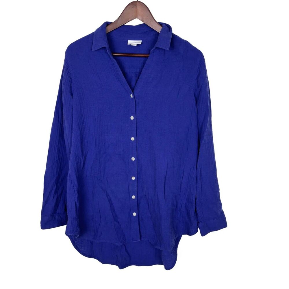 J. Jill Blue Button Down 100% Cotton Gauze Long Sleeve Shirt Women's Large